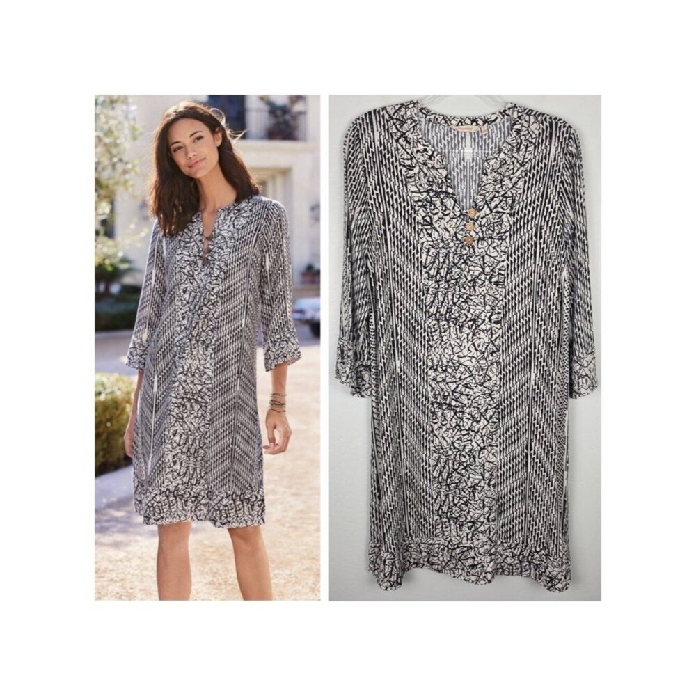 Soft Surroundings Printed Lightweight Raven Dress Tunic Off White Black Size L